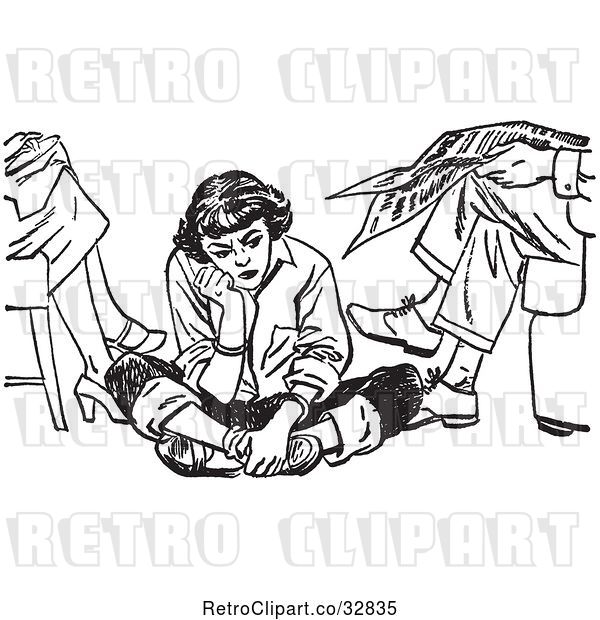 Vector Clip Art of Retro Teenage Girl Pouting and Sitting on the Floor by Her Parents