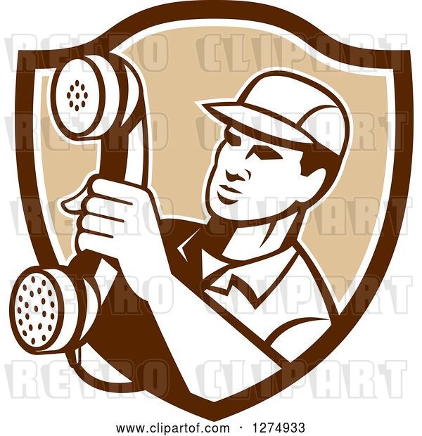 Vector Clip Art of Retro Telephone Repair Guy Holding out a Red Receiver in a Brown and White Shield