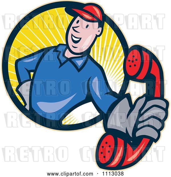 Vector Clip Art of Retro Telephone Repair Guy in a Circle of Rays Holding out a Red Receiver