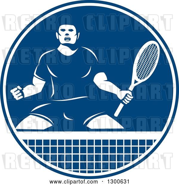 Vector Clip Art of Retro Tennis Player Guy in an Aggressive Competitive Stance in a Blue and White Circle