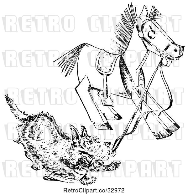 Vector Clip Art of Retro Terrier Dog Playing with a Wooden Toy Horse