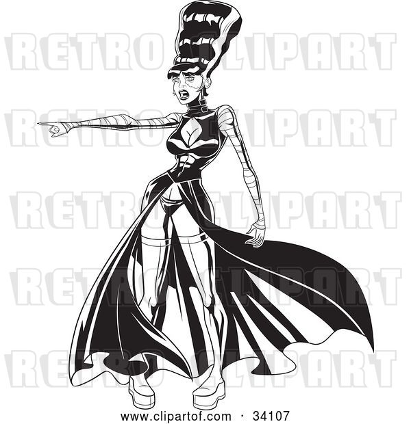 Vector Clip Art of Retro the Bride of Frankenstein in a Sexy Dress and Boots, Pointing to the Left
