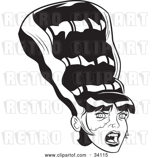Vector Clip Art of Retro the Bride of Frankenstein with a Conical Black Hairdo with White Stripes and a Stitched Cheek