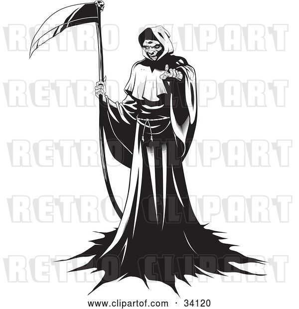 Vector Clip Art of Retro the Grim Reaper Standing in a Robe, Holding a Scythe and Beckoning for the Viewer to Come Forward