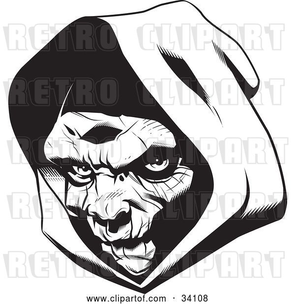 Vector Clip Art of Retro the Head of the Grim Reaper, Partially in Shadow Under a Hood