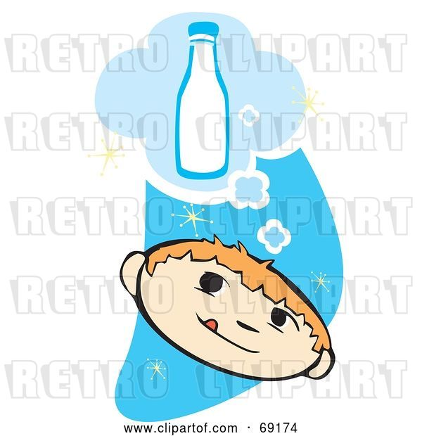 Vector Clip Art of Retro Thirsty Boy Thinking of a Bottle of Milk over a Blue Starry Sky