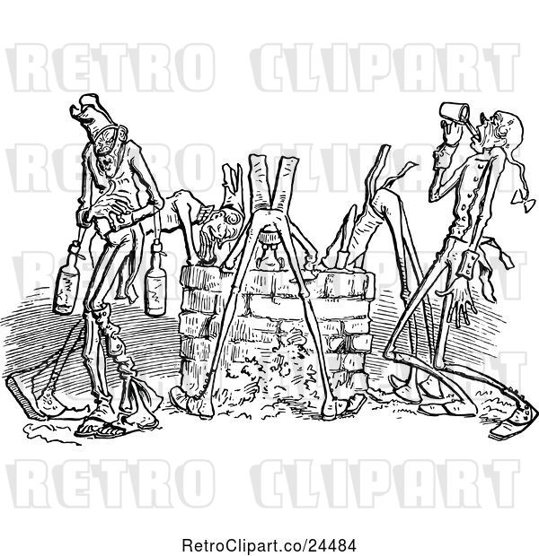 Vector Clip Art of Retro Thirsty Men Drinking at a Well