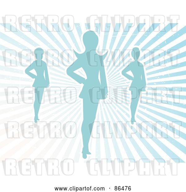 Vector Clip Art of Retro Three Blue Silhouetted Female Models over Grungy Blue Rays