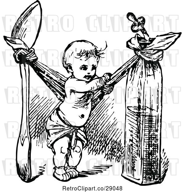 Vector Clip Art of Retro Tiny Baby Making a Hammock Between a Spoon and Oil Canister