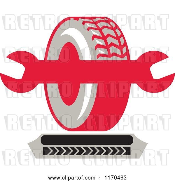 Vector Clip Art of Retro Tire and Spanner Wrench with Tread Marks