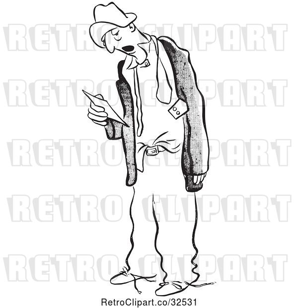 Vector Clip Art of Retro Tired Worker Guy Holding a Time Sheet