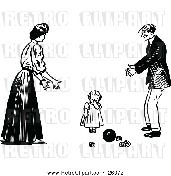 Vector Clip Art of Retro Toddler Girl and Parents