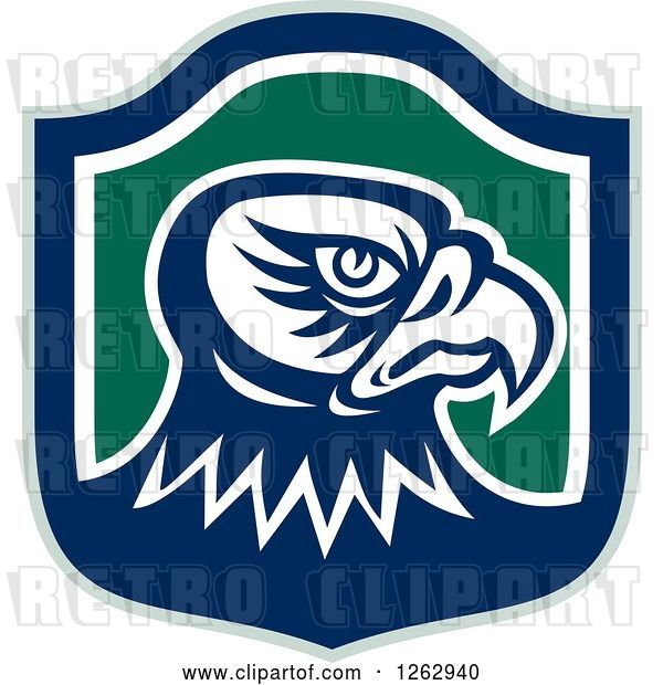 Vector Clip Art of Retro Tough Falcon Head in a Green Blue and White Shield