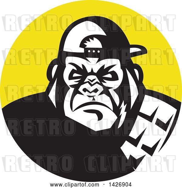 Vector Clip Art of Retro Tough Gorilla Wearing a Baseball Cap in a Yellow Circle