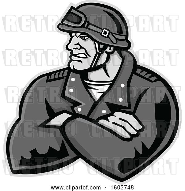 Vector Clip Art of Retro Tough Male Biker with Folded Arms and Riding Gear