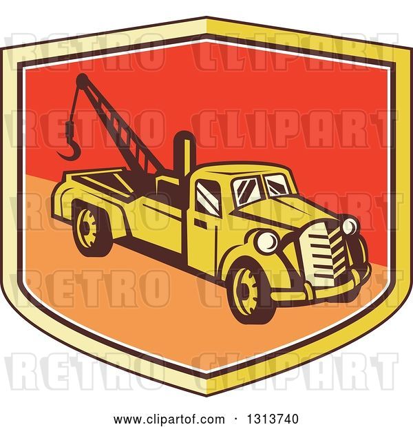 Vector Clip Art of Retro Tow Truck in a Yellow Red and Orange Shield
