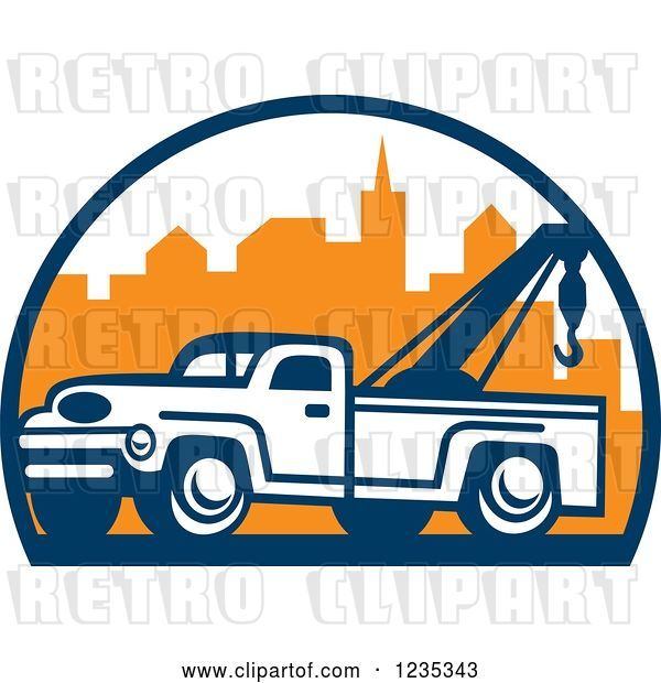 Vector Clip Art of Retro Tow Truck over a City