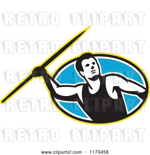 Vector Clip Art of Retro Track and Field Javelin Thrower over a Blue Oval