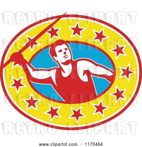 Vector Clip Art of Retro Track and Field Javelin Thrower over a Star Oval