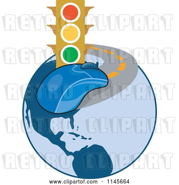 Vector Clip Art of Retro Traffic Light and Computer Mouse on a Globe Road