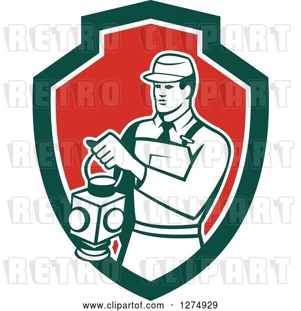 Vector Clip Art of Retro Train Signaler Worker Guy Holding a Lamp in a Green White and Red Shield