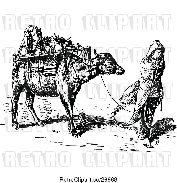 Vector Clip Art of Retro Traveling Girl Leading an Ox