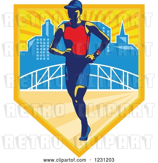 Vector Clip Art of Retro Triathlete Marathon Runner over a Skyline and Bridge in a Shield