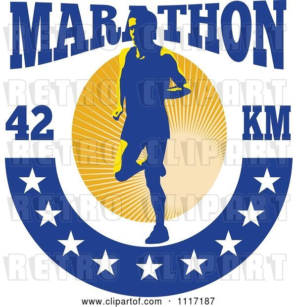 Vector Clip Art of Retro Triathlete Runner with Marathon 42 Km Text and Stars