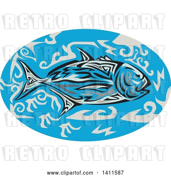 Vector Clip Art of Retro Tribal Art Style Giant Trevally Kingfish in an Oval of Blue Water