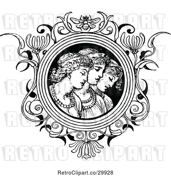 Vector Clip Art of Retro Trio of Women in a Floral Frame