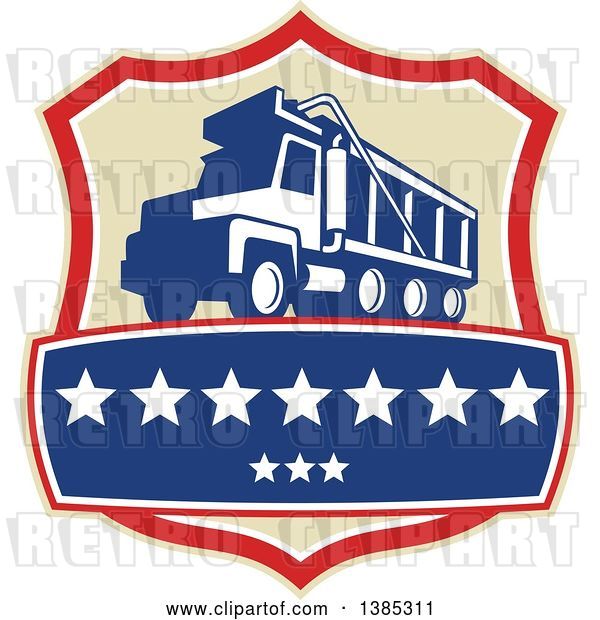 Vector Clip Art of Retro Triple Axle Dump Truck in a Tan Red White and Blue Shield with Stars