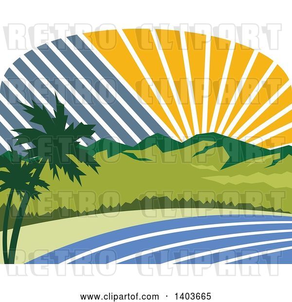 Vector Clip Art of Retro Tropical Landscape with Palm Trees, Mountains and the Coast at Sunset or Sunrise