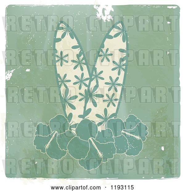 Vector Clip Art of Retro Tropical Surfboards and Hibiscus Flowers on Distressed Wood, with a White Border