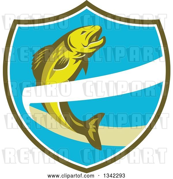 Vector Clip Art of Retro Trout Fish Jumping over a Ribbon in a Green White and Blue Shield