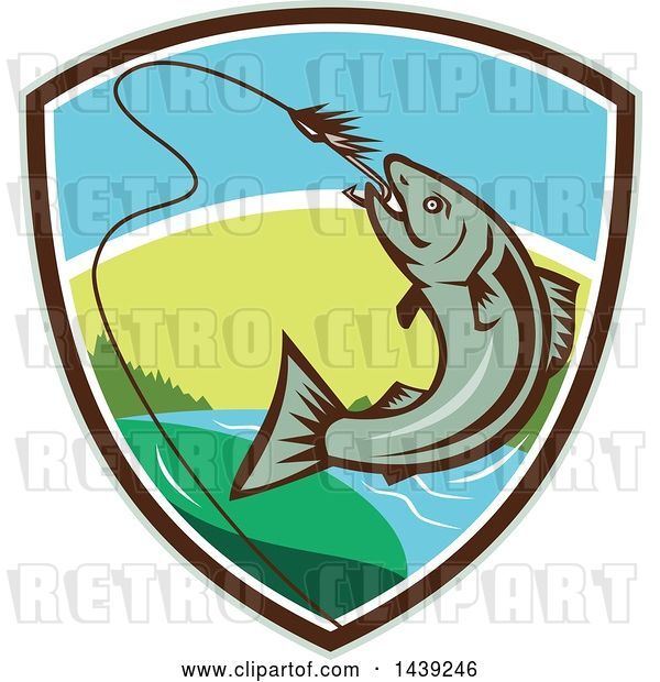 Vector Clip Art of Retro Trout Fish Jumping to Bite a Hook in a Shield
