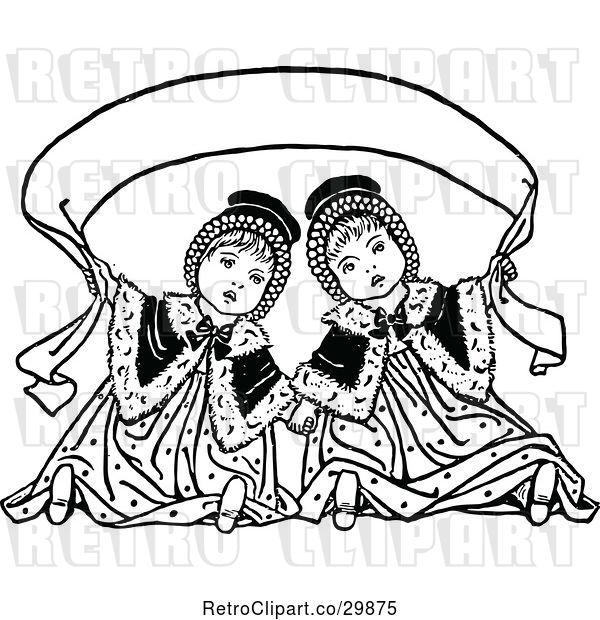 Vector Clip Art of Retro Twin Girls Holding a Banner