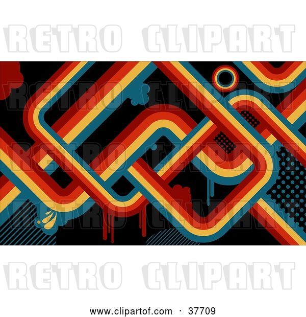 Vector Clip Art of Retro Twisting Background of Red, Orange, Yellow and Blue Lines and Drips over Black