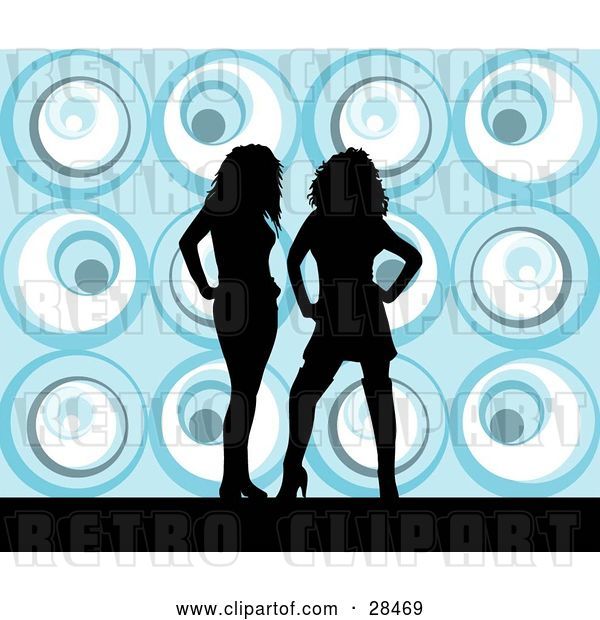 Vector Clip Art of Retro Two Black Silhouetted Women Standing over a Blue Background