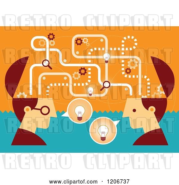 Vector Clip Art of Retro Two Business Men with Open Creative Brains and Ideas
