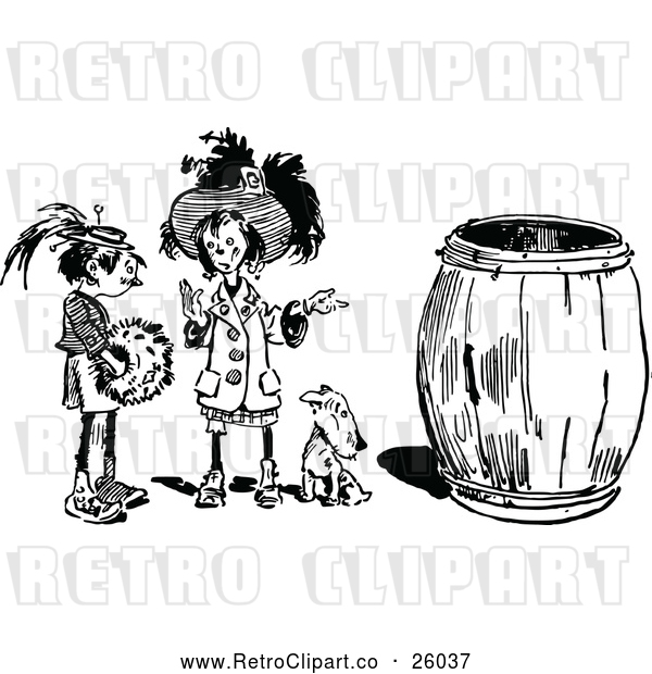 Vector Clip Art of Retro Two Girls and Dog by a Barrel