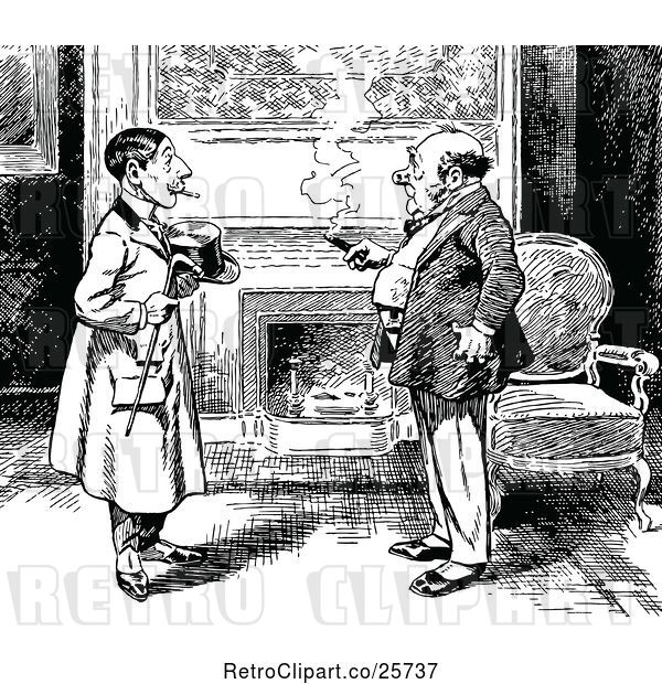 Vector Clip Art of Retro Two Men Smoking and Talking by a Fireplace