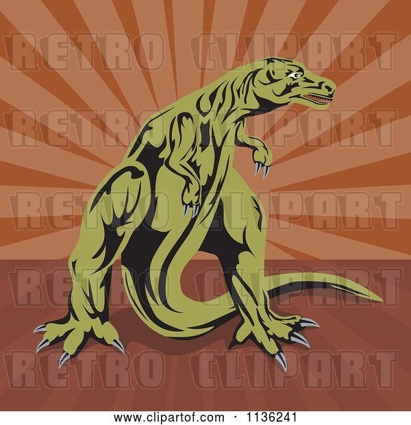 Vector Clip Art of Retro Tyrannosaurus Rex over Brown Rays