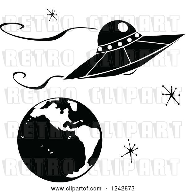 Vector Clip Art of Retro Ufo Flying Saucer over Earth with Stars