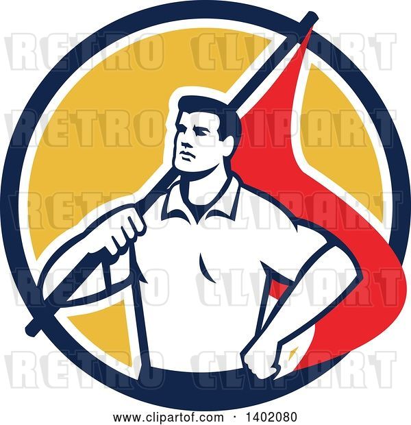 Vector Clip Art of Retro Union Worker Guy Holding a Flag over His Shoulder in a Blue White and Yellow Circle