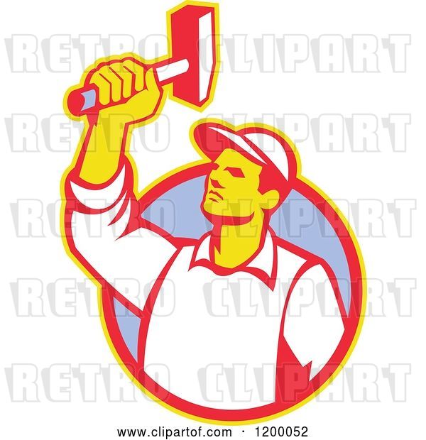 Vector Clip Art of Retro Union Worker Holding up a Hammer over a Circle