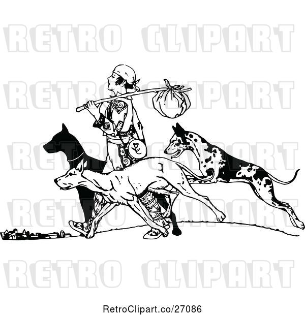 Vector Clip Art of Retro Vagrant Guy and Dogs