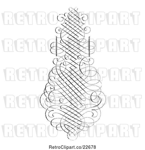 Vector Clip Art of Retro Vertical Black Ornate Swirl with White Distress Overlay