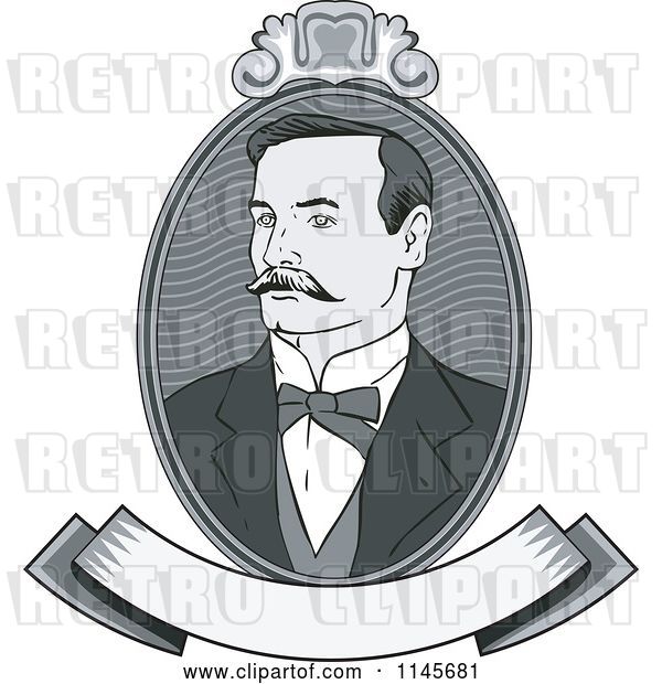 Vector Clip Art of Retro Victorian Grayscale Gentleman Portrait with a Banner