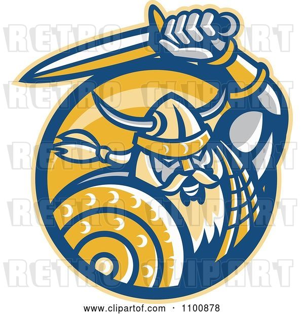 Vector Clip Art of Retro Viking Norseman with a Shield and Sword in a Yellow Circle