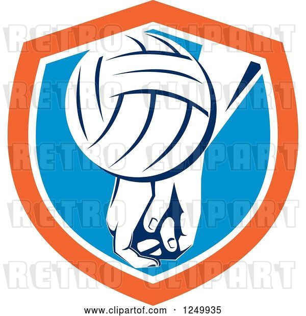 Vector Clip Art of Retro Volleyball and Hands in a Blue and Orange Shield